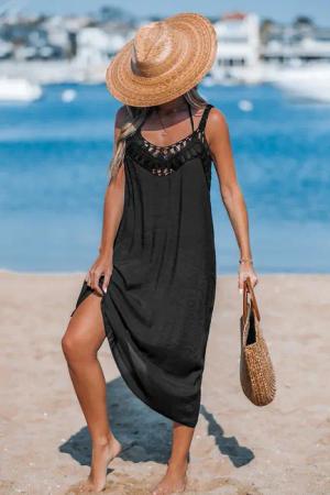 Maxi-Slip-Strandkleid mit durchsichtigen Häkeleinsätzen