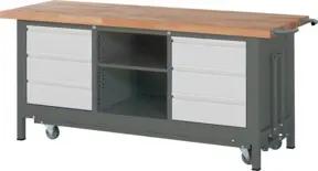 STIER Werkbank Premium mit abs. Fahrgestell, 6 Schubladen und einem offenen Fach BxTxH 2000x700x880mm