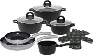 Elo Topf-Set Black, Ducato, Aluminiumguss (Set, 11-tlg., 3 Töpfe mit Deckel, 1 Stielkasserolle, 2 Bratpfannen, 2 Stapelschutz), mit hochwertiger Antihaftversiegelung, Induktion
