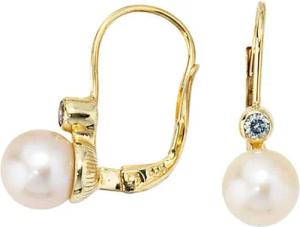 Schmuck Krone Paar Ohrhänger Ohrringe mit Perlen & Zirkonia, 333 Gold, Gold 333