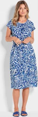 Leinenkleid mit Alloverdruck & Bindegürtel - royalblau / gemustert - Gr. 54 von Goldner Fashion