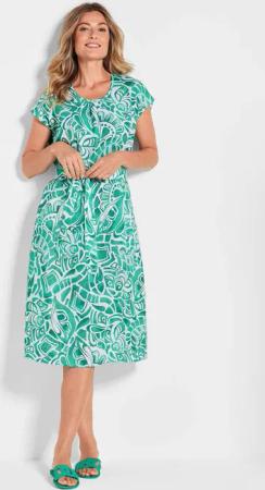 Leinenkleid mit Alloverdruck & Bindegürtel - grün / gemustert - Gr. 48 von Goldner Fashion