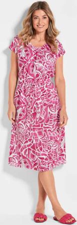 Leinenkleid mit Alloverdruck & Bindegürtel - pink / gemustert - Gr. 24 von Goldner Fashion