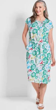 Druckkleid mit Alloverprint & Bindegürtel - grün / gemustert - Gr. 40 von Goldner Fashion