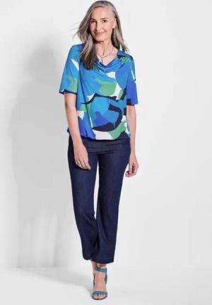 Printshirt mit Wasserfallausschnitt - blau / grün / gemustert - Gr. 48 von Goldner Fashion