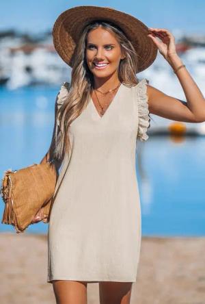 Beige Mini-Baumwollkleid mit V-Ausschnitt und Ösenbesatz