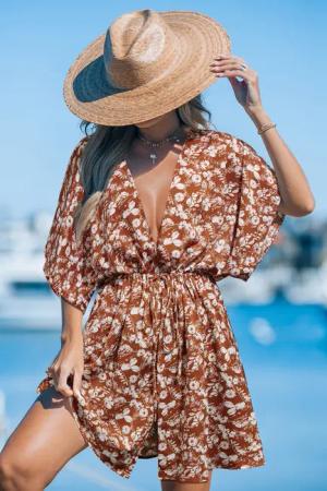 Braunes geblümtes Strandkleid mit Dolman-Ärmeln