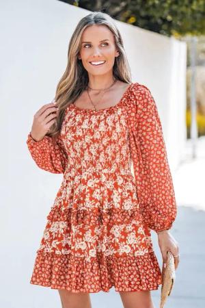 Orange Minikleid mit quadratischem Ausschnitt und Puffärmeln