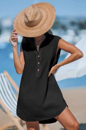 Schwarzes ärmelloses Mini-Baumwoll-Strandkleid mit Kragen