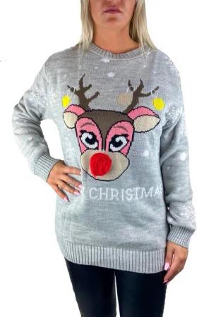 Worldclassca Weihnachtspullover Worldclassca Weihnachten Merry Christmas Sweater Damen Pullover Teenager Mädchen Pulli Weihnachtspullover Xmas Rudolph Rentier Rote Bommel Nase S-XXL
