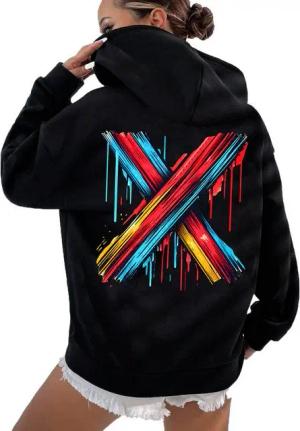 RMK Hoodie Damen Kapuzenpullover Pullover Basic Oversize Pulli mit X Print