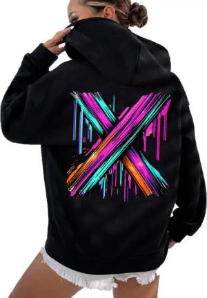 RMK Hoodie Damen Kapuzenpullover Pullover Basic Oversize Pulli mit X Print