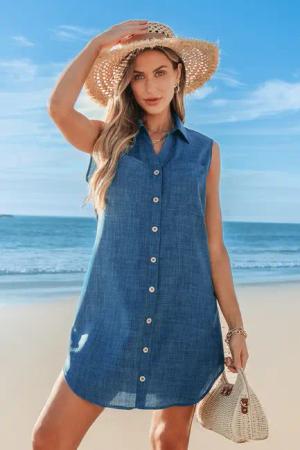 Indigoblaues ärmelloses Mini-Strandkleid mit Kragen