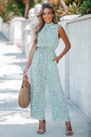 Ditsy Ärmelloser Gesmokter Jumpsuit
