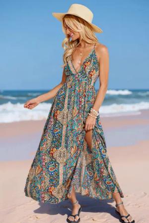 Boho-Paisley-Maxikleid mit tiefem Ausschnitt