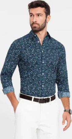 OMBRE Langarmhemd Gemustertes Herrenhemd aus Baumwolle SLIM FIT