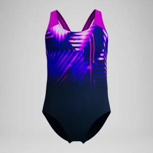 Splashback-Badeanzug mit Digital-Placement Marineblau/Pink für Mädchen