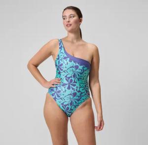 Bedruckter asymmetrischer Badeanzug Blau/Grün für Damen