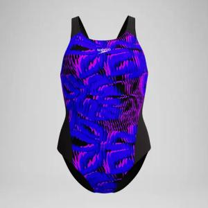 Club Training Bedruckter Recordback-Badeanzug Schwarz/Blau für Damen