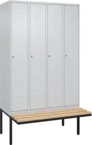 C+P Spind Classic PLUS, Bank, 4 Abteile, 2120x1200x815mm, 7035/7035 Verschluss Zylinderschloss 4 Garderobenhaken Trennwand mittig Sitzbanktyp auskragend