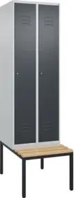 C+P Spind Classic PLUS, Bank, 2 Abteile, 2120x600x815mm, 7035/7016 Verschluss Zylinderschloss 4 Garderobenhaken Trennwand mittig  Sitzbanktyp untergebaut