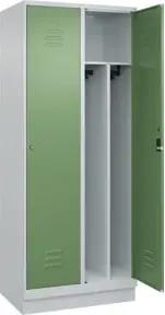 C+P Spind Classic PLUS, Sockel, 2 Abteile, 1950x800x500mm, 7035/6011 Verschluss Zylinderschloss 4 Garderobenhaken Trennwand mittig