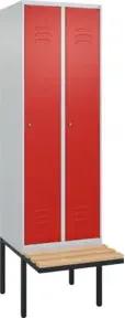 C+P Spind Classic PLUS, Bank, 2 Abteile, 2120x600x815mm, 7035/3020 Verschluss Zylinderschloss 3 Garderobenhaken   Sitzbanktyp auskragend