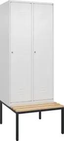 C+P Spind Classic PLUS, Bank, 2 Abteile, 2120x800x815mm, 9016/9016 Verschluss Zylinderschloss 4 Garderobenhaken   Sitzbanktyp untergebaut