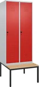 C+P Spind Classic PLUS, Bank, 2 Abteile, 2120x800x815mm, 7035/3020 Verschluss Sicherheits-Drehriegel 4 Garderobenhaken Trennwand mittig Sitzbanktyp untergebaut