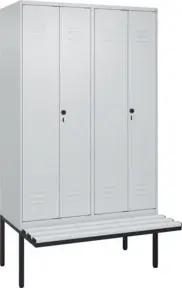C+P Schwarz-Weiß-Spind Classic PLUS, Bank, 4 Abteile, 2120x1200x815mm, 7035/7035, Verschluss Sicherheits-Drehriegel, Sitzbanktyp auskragend, Material Sitzfläche Kunststoff