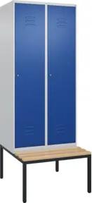 C+P Spind Classic PLUS, Bank, 2 Abteile, 2120x800x815mm, 7035/5010 Verschluss Zylinderschloss 4 Garderobenhaken   Sitzbanktyp untergebaut