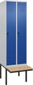 C+P Spind Classic PLUS, Bank, 2 Abteile, 2120x600x815mm, 7035/5010 Verschluss Sicherheits-Drehriegel 3 Garderobenhaken Sitzbanktyp auskragend