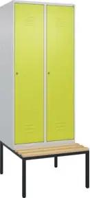 C+P Spind Classic PLUS, Bank, 2 Abteile, 2120x800x815mm, 7035/0024 Verschluss Zylinderschloss 4 Garderobenhaken   Sitzbanktyp untergebaut