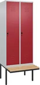 C+P Spind Classic PLUS, Bank, 2 Abteile, 2120x800x815mm, 7035/3003 Verschluss Sicherheits-Drehriegel 4 Garderobenhaken Sitzbanktyp auskragend