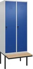 C+P Spind Classic PLUS, Bank, 2 Abteile, 2120x800x815mm, 7035/5010 Verschluss Sicherheits-Drehriegel 4 Garderobenhaken Sitzbanktyp auskragend
