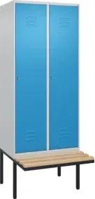 C+P Spind Classic PLUS, Bank, 2 Abteile, 2120x800x815mm, 7035/5012 Verschluss Zylinderschloss 4 Garderobenhaken   Sitzbanktyp auskragend