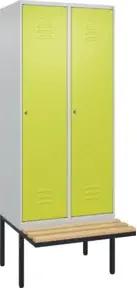 C+P Spind Classic PLUS, Bank, 2 Abteile, 2120x800x815mm, 7035/0024 Verschluss Zylinderschloss 4 Garderobenhaken Trennwand mittig Sitzbanktyp auskragend