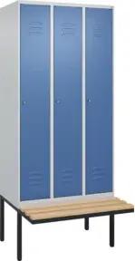 C+P Spind Classic PLUS, Bank, 3 Abteile, 2120x900x815mm, 7035/5023 Verschluss Zylinderschloss 3 Garderobenhaken Sitzbanktyp auskragend