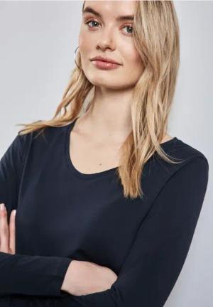 Street One Frauen Shirt mit gerundetem V-Neck in Blau, Gr: 36