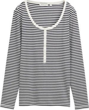 TOM TAILOR Damen Henley Langarmshirt, blau, Gestreift, Gr. XXXL