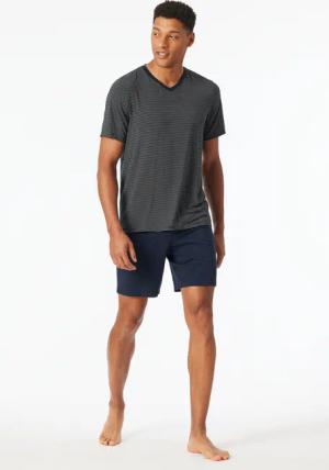 Schlafanzug kurz Modal V-Ausschnitt Streifen navy - Long Life Soft 46