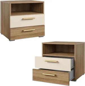 Lomadox Schlafzimmer-Set VARESE-83, (Spar-Set, 3-tlg., Kommode Bettgestell Nachtkommode), Eiche mit beige modern 180x200cm Liegefläche Griffe in goldfarben