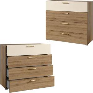 Lomadox Schlafzimmer-Set VARESE-83, (Spar-Set, 3-tlg., Kommode Bettgestell Nachtkommode), Eiche mit beige modern 160x200cm Liegefläche Griffe goldfarben