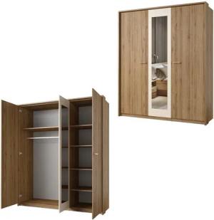Lomadox Schlafzimmer-Set VARESE-83, (Spar-Set, 4-tlg., Bettgestell Kommode Nachtkommode Kleiderschrank Passepartout Rahmen), Eiche mit beige 160x200cm Liegefläche modern Griffe goldfarben