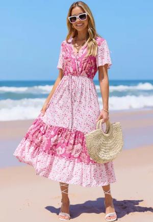 Rosa geblümtes Midi-Wickelkleid