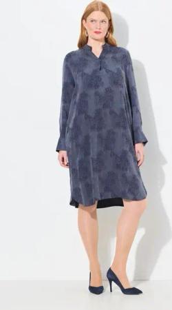 Ulla Popken Midikleid Lyocell-Kleid Stehkragen V-Ausschnitt Langarm