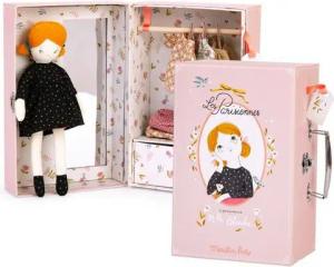 Moulin Roty Puppen Reiseset Kleiner Schrankkoffer les Parisiennes mit Stoffpuppe Koffer 3 Outfits