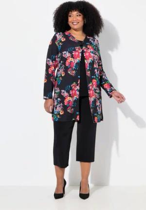 Ulla Popken Longshirt Jerseyjacke A-Linie V-Ausschnitt Langarm