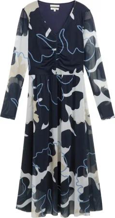 TOM TAILOR Damen Midi-Meshkleid mit Raffungen, blau, Geblümt, Gr. 36
