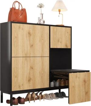 MODFU Schuhschrank mit goldenen Füßen (Schuhregal, Schuhkommode, 1-St., Schuhregal mit drei Klappen) mit Schuhwechselhocker, offenem Stauraum